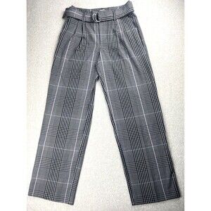 A New Day 4 Womens Gray Plaid Straight Leg Belted Pants Office Siren Chic
